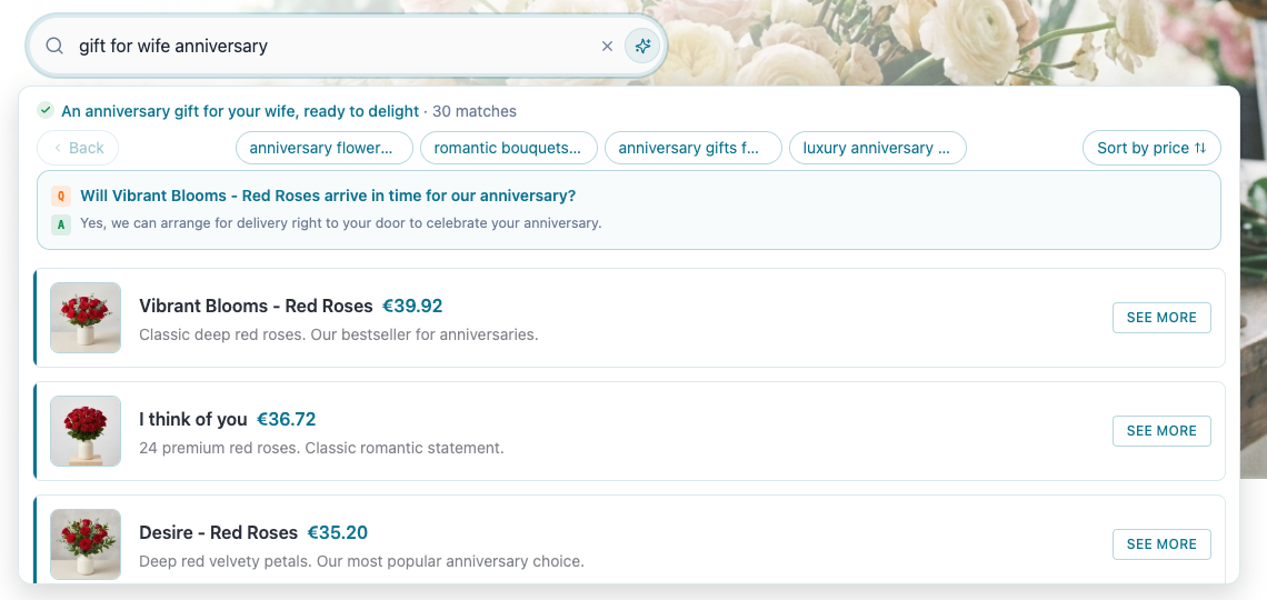 Demo search for "gift for wife anniversary": an anniversary gift for your wife, 30 matches, red roses first.