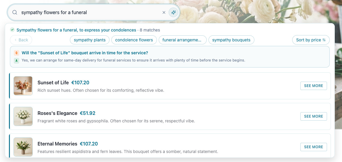 Demo search for "sympathy flowers for a funeral": sympathy flowers to express your condolences, 8 matches.