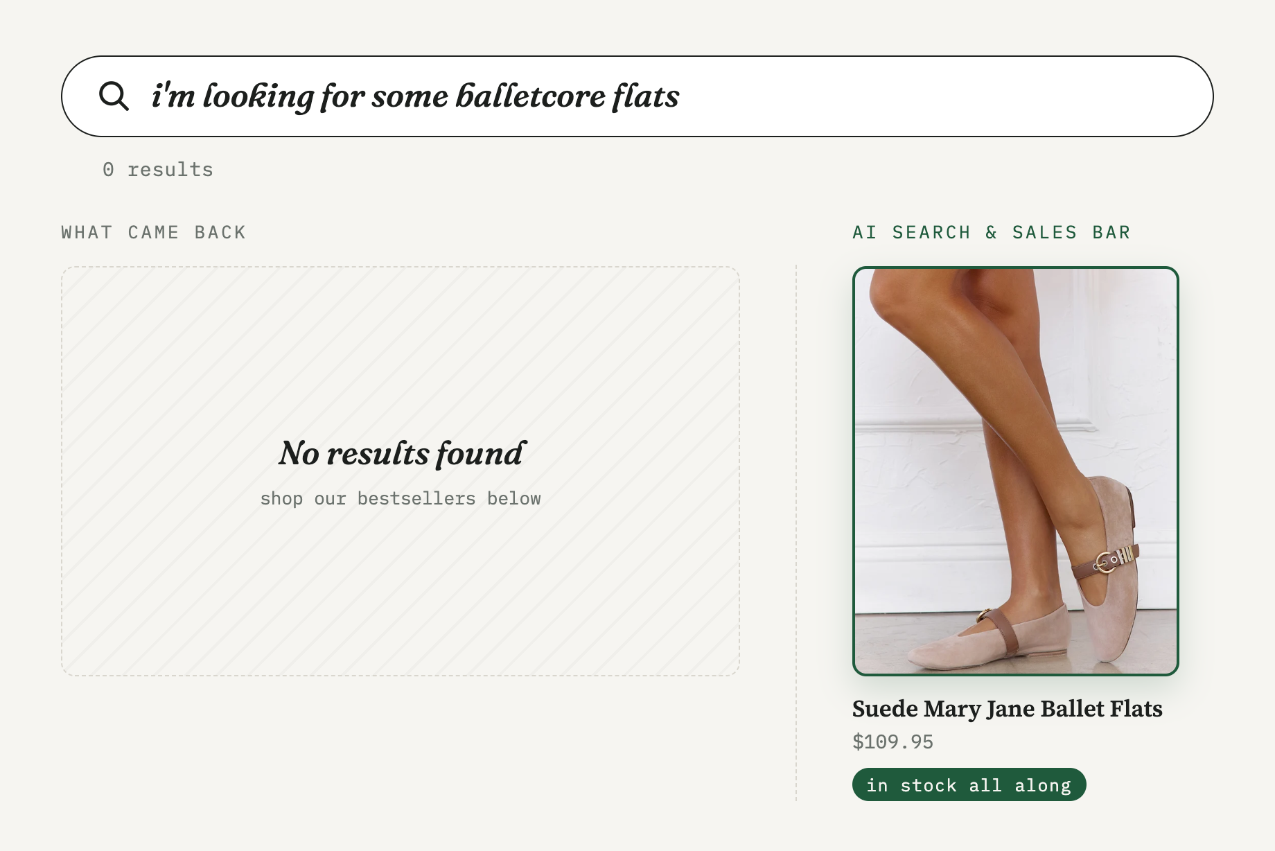 Search: balletcore flats. What came back: no results found. What the AI search bar found, in stock the whole time: suede Mary Jane ballet flats.