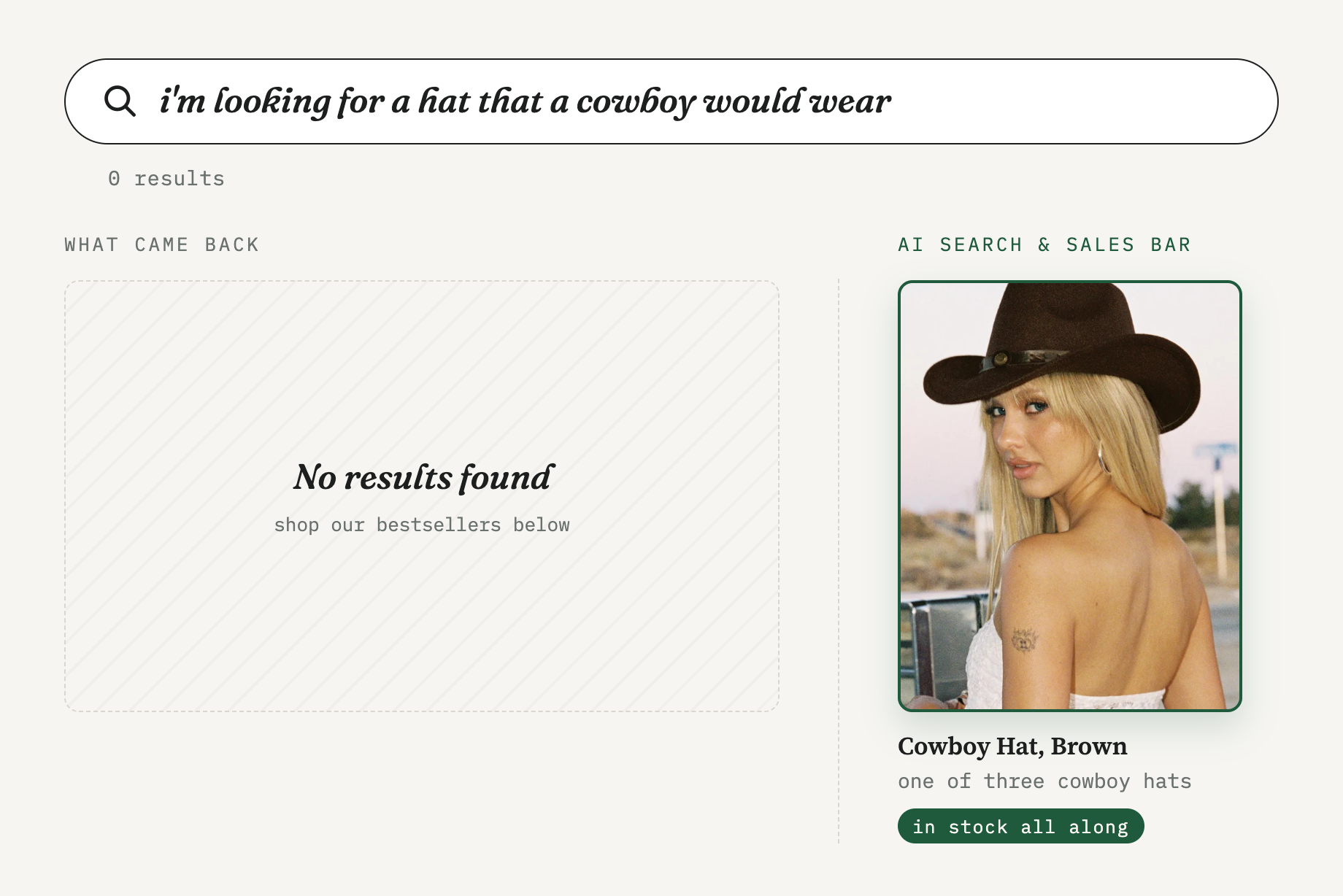 Search: a hat that a cowboy would wear. What came back: no results found. What the AI search bar found, in stock the whole time: a brown cowboy hat, one of three.
