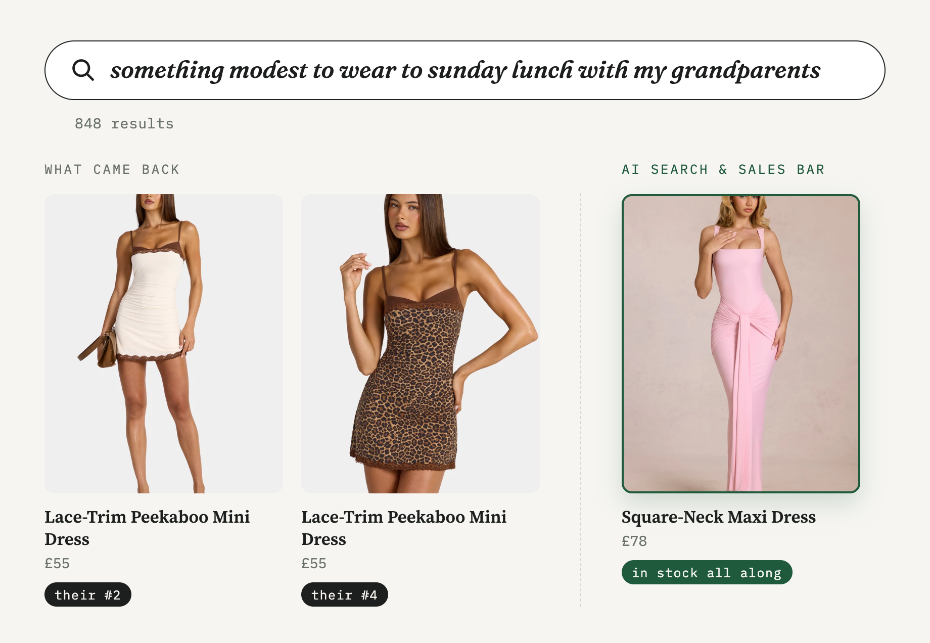 Search: something modest to wear to sunday lunch with my grandparents. What came back: two lace-trim peekaboo mini dresses. What the AI search bar found, in stock the whole time: a square-neck maxi dress.