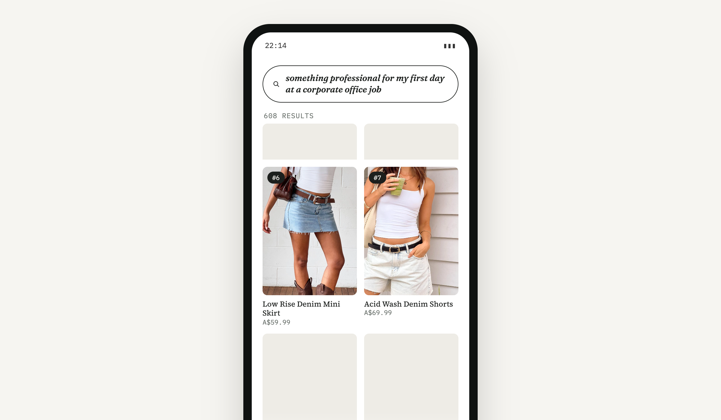 Maya's phone at 22:14: her sentence in the search box, 608 results, a denim mini skirt at number six and acid-wash denim shorts at number seven.